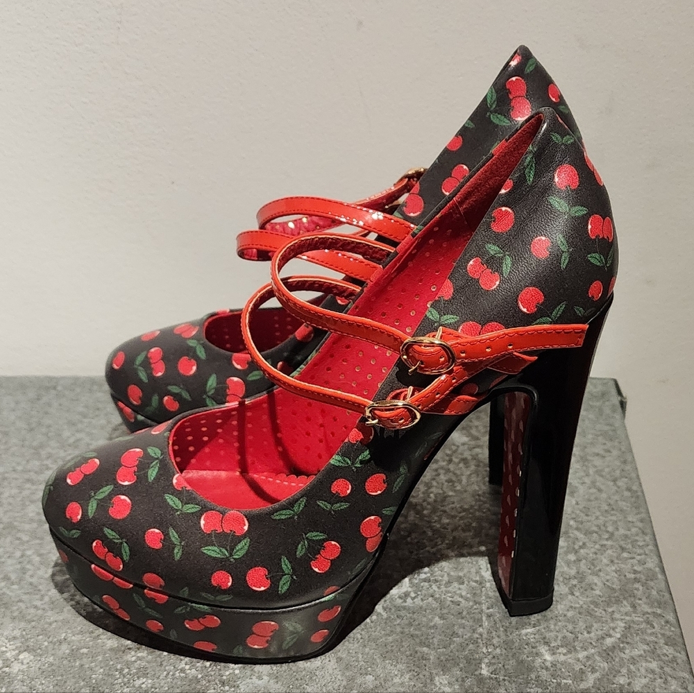 Retro Pin-Up Cherry Print Double Strap Heels by Banned Dancing Days - Picture 3 of 10